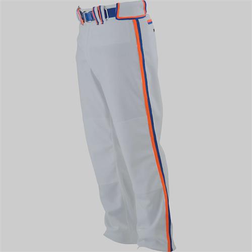 gray baseball pants with blue stripe